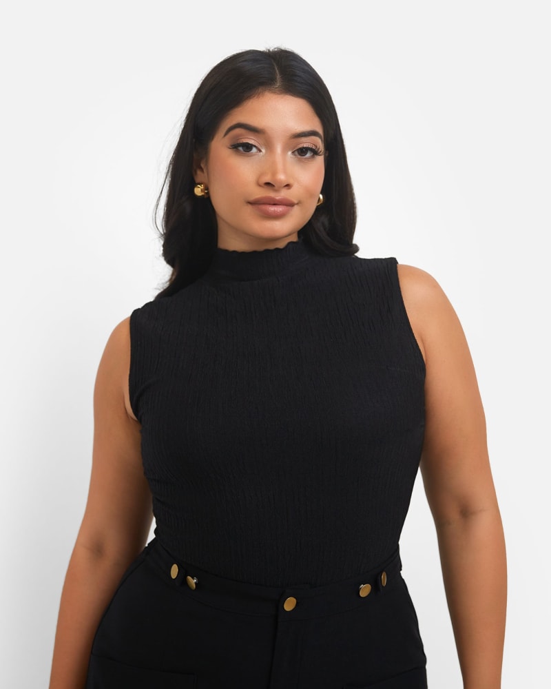 Side of a model wearing a size 3X Janet Textured High Neck Bodysuit in Black by Rebdolls. | dia_product_style_image_id:321477